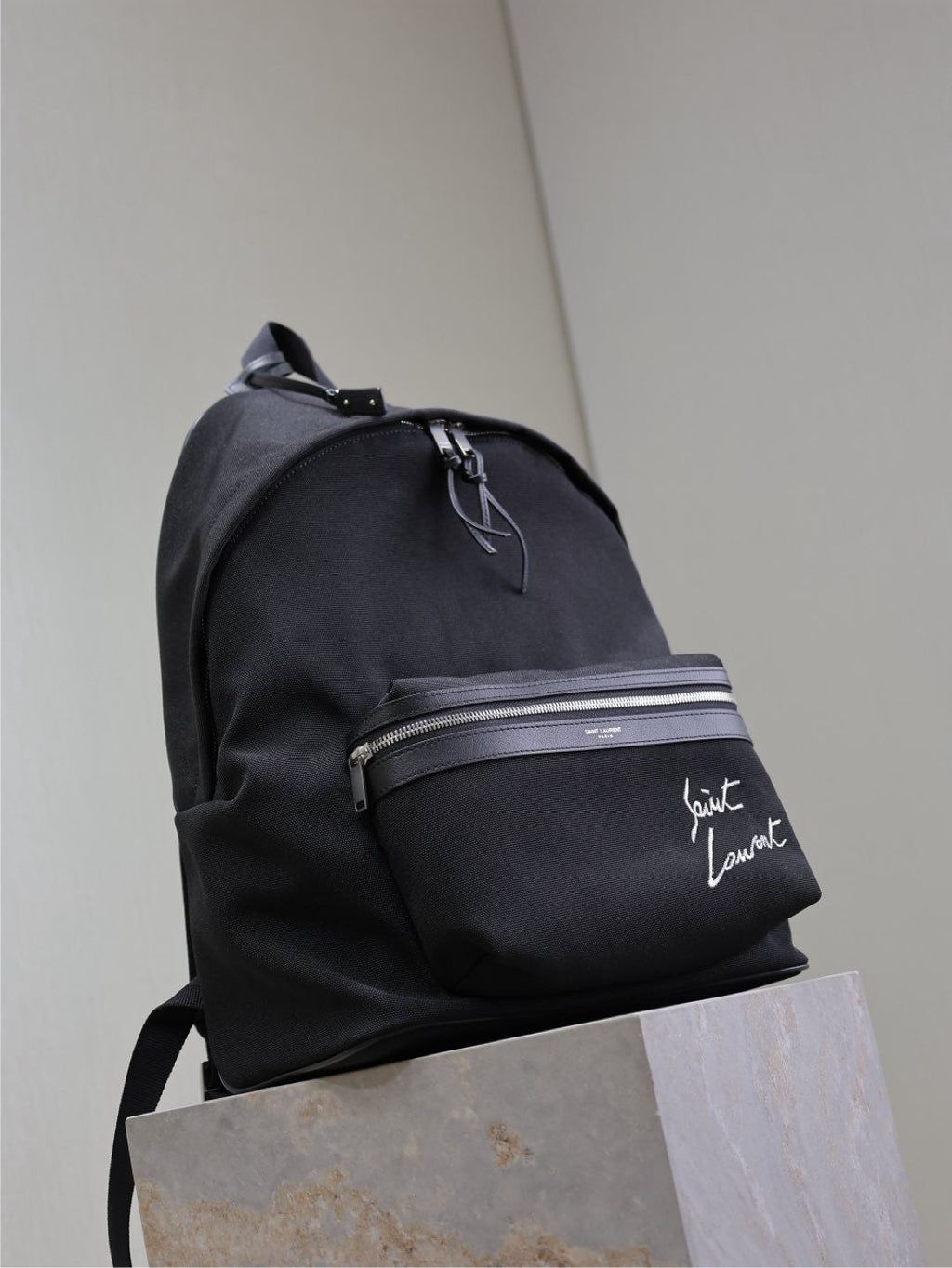 SAINT LAURENT CITY BACKPACK 38 IN BLACK CANVAS WITH WHITE EMBROIDED LOGO