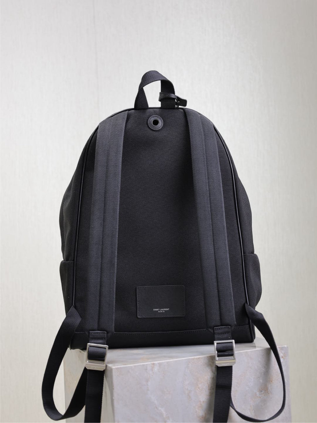 SAINT LAURENT CITY BACKPACK 38 IN BLACK CANVAS WITH WHITE EMBROIDED LOGO