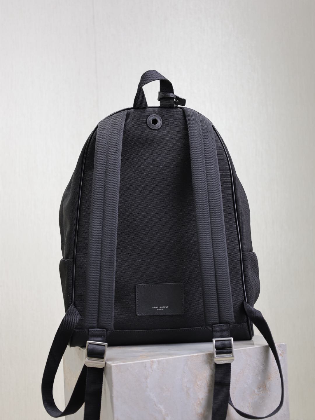 SAINT LAURENT CITY BACKPACK 38 IN BLACK CANVAS WITH WHITE EMBROIDED LOGO