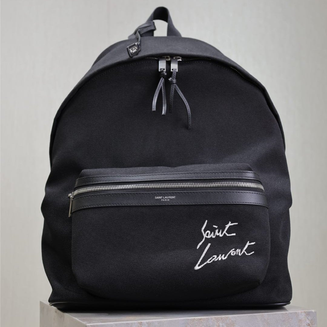 SAINT LAURENT CITY BACKPACK 38 IN BLACK CANVAS WITH WHITE EMBROIDED LOGO