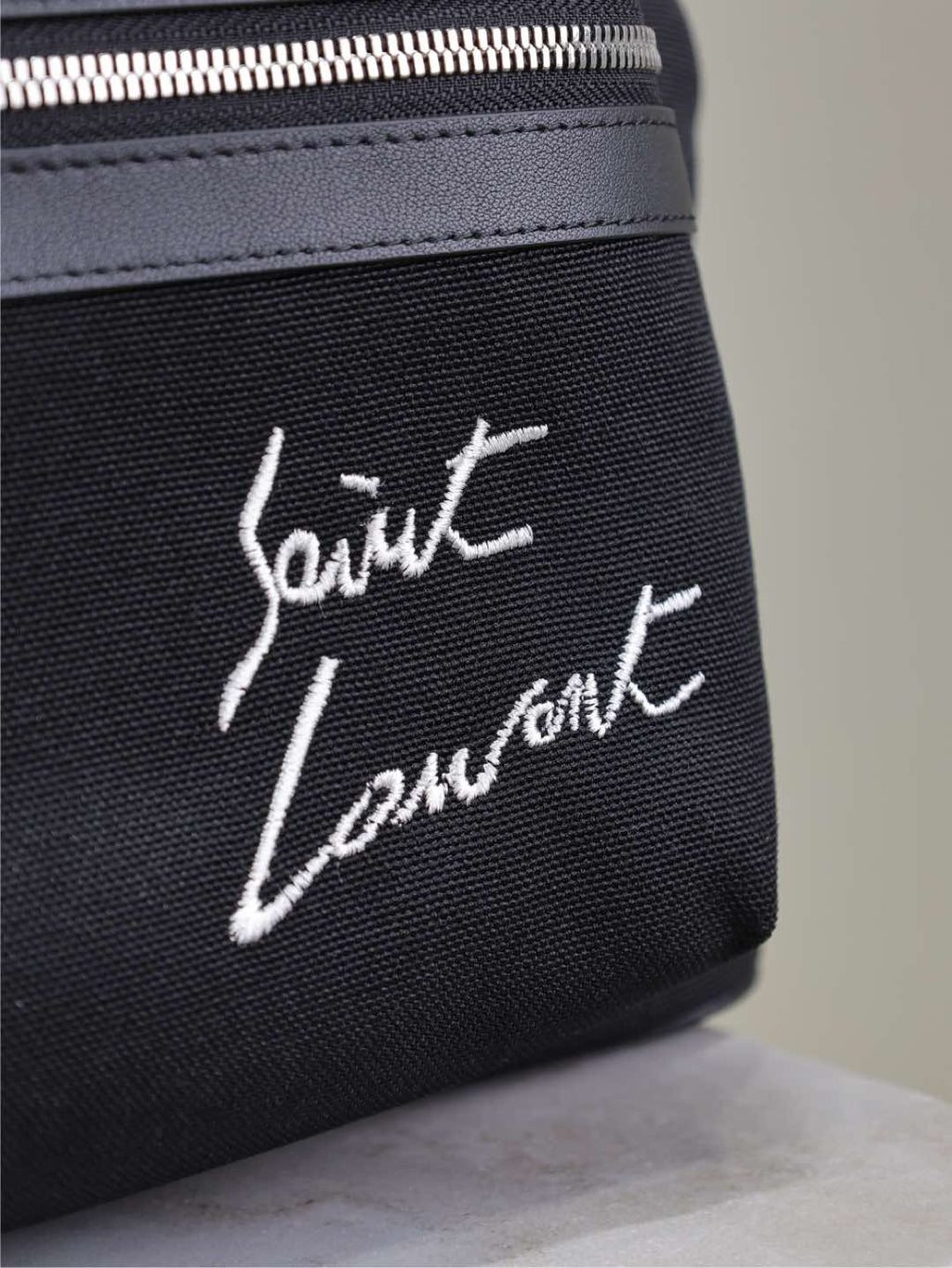 SAINT LAURENT CITY BACKPACK 38 IN BLACK CANVAS WITH WHITE EMBROIDED LOGO