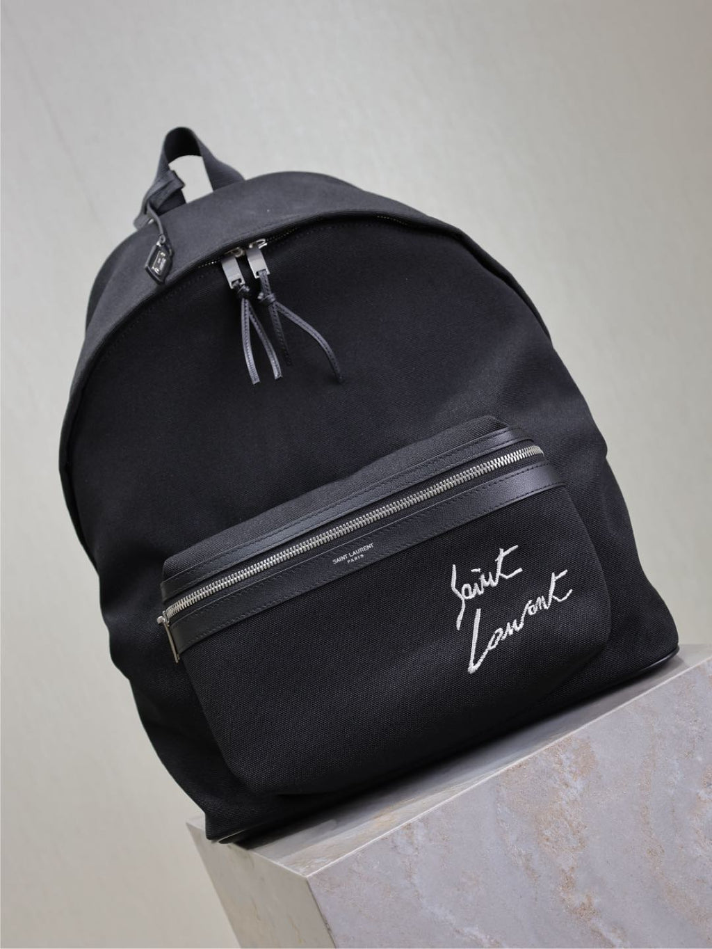 SAINT LAURENT CITY BACKPACK 38 IN BLACK CANVAS WITH WHITE EMBROIDED LOGO