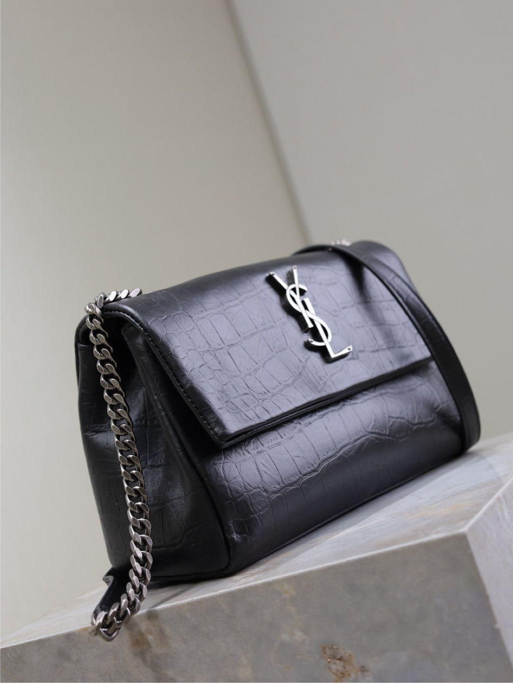 SAINT LAURENT WEST HOLLYWOOD BAG 24 IN BLACK CROCODILE TEXTURED CALFSKIN SILVER HARDWARE