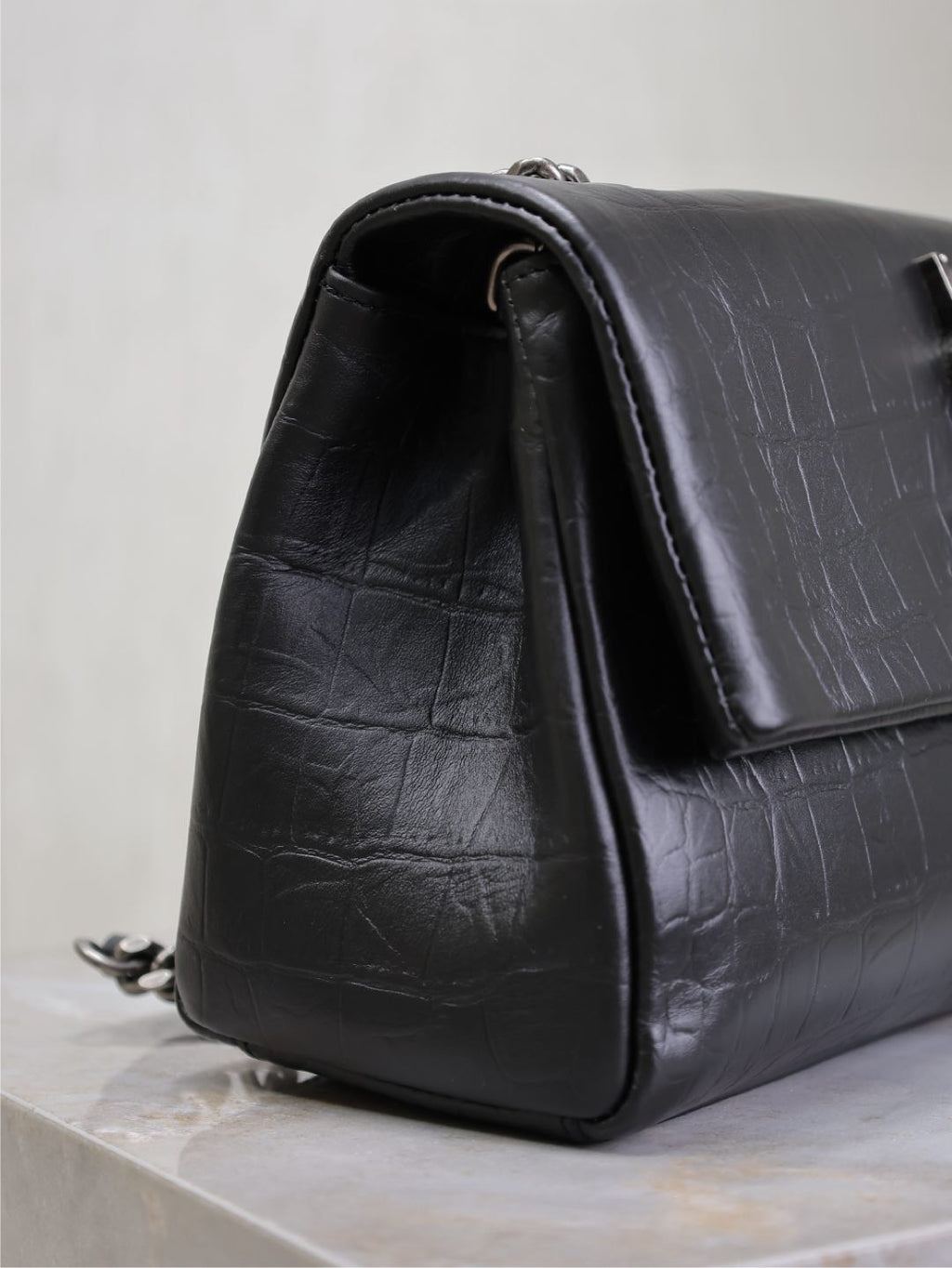 SAINT LAURENT WEST HOLLYWOOD BAG 24 IN BLACK CROCODILE TEXTURED CALFSKIN SILVER HARDWARE