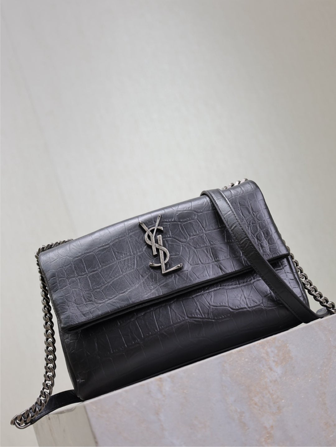 SAINT LAURENT WEST HOLLYWOOD BAG 24 IN BLACK CROCODILE TEXTURED CALFSKIN SILVER HARDWARE
