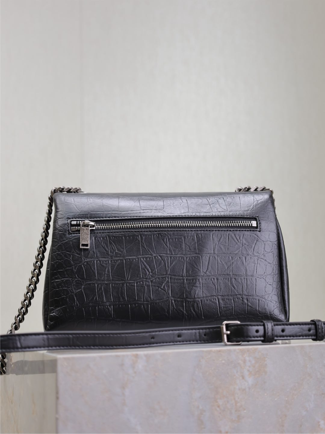 SAINT LAURENT WEST HOLLYWOOD BAG 24 IN BLACK CROCODILE TEXTURED CALFSKIN SILVER HARDWARE