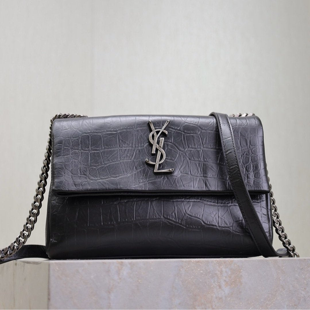 SAINT LAURENT WEST HOLLYWOOD BAG 24 IN BLACK CROCODILE TEXTURED CALFSKIN SILVER HARDWARE