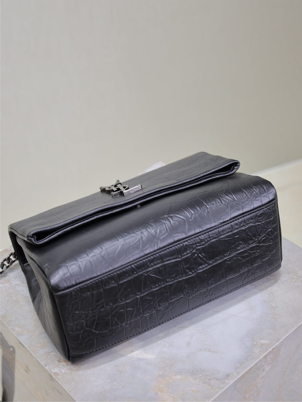 SAINT LAURENT WEST HOLLYWOOD BAG 24 IN BLACK CROCODILE TEXTURED CALFSKIN SILVER HARDWARE