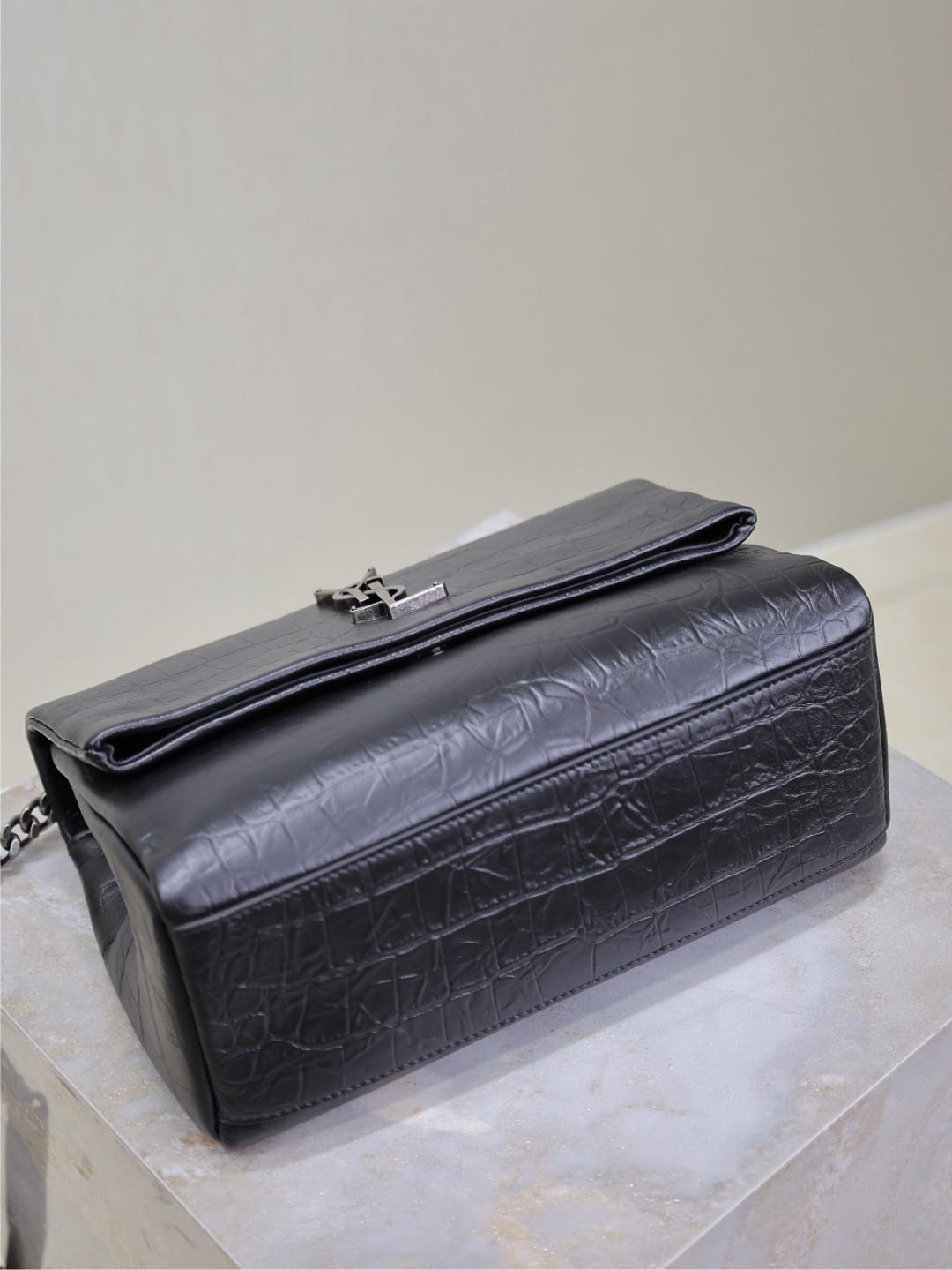 SAINT LAURENT WEST HOLLYWOOD BAG 24 IN BLACK CROCODILE TEXTURED CALFSKIN SILVER HARDWARE