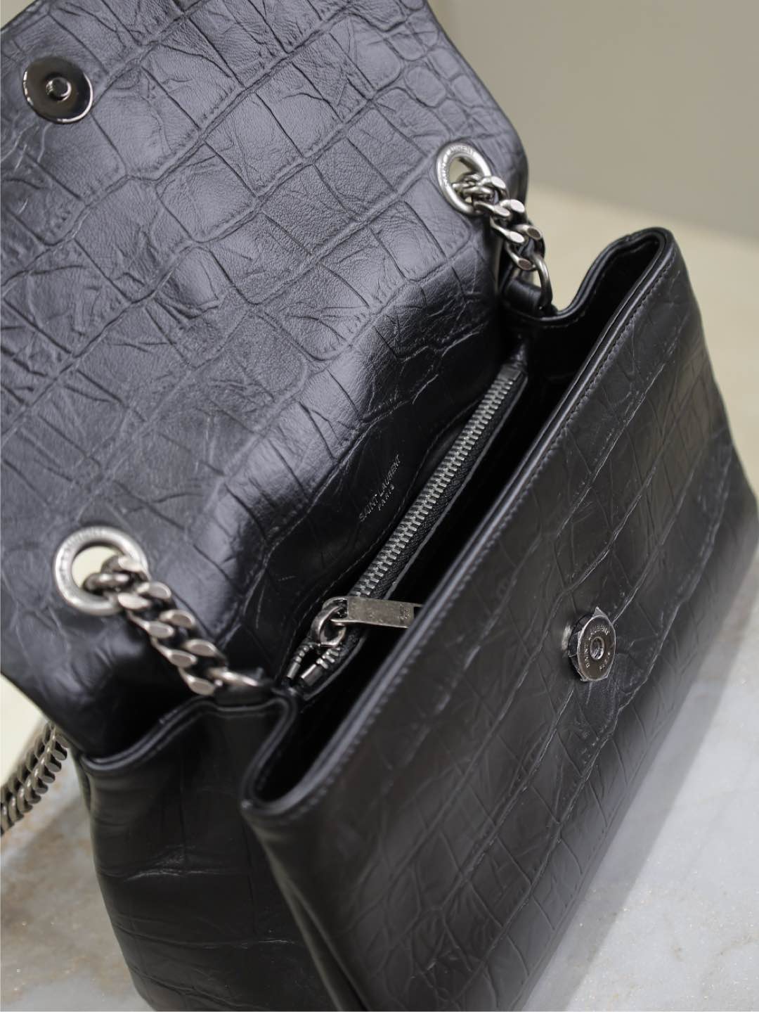 SAINT LAURENT WEST HOLLYWOOD BAG 24 IN BLACK CROCODILE TEXTURED CALFSKIN SILVER HARDWARE