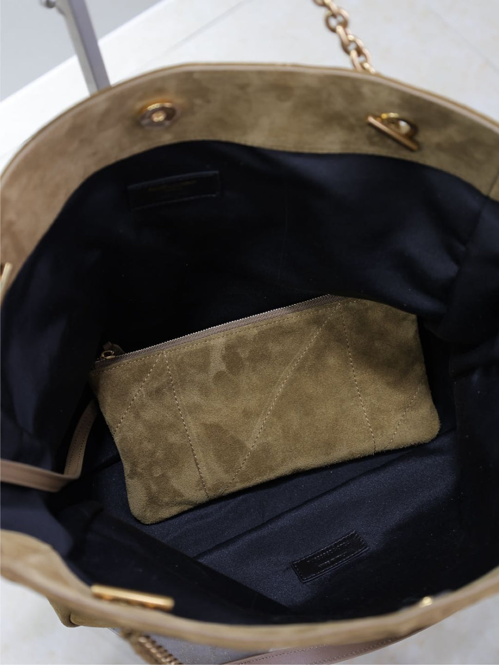 SAINT LAURENT YSL NIKI TOTE BAG 34 IN CAMEL BROWN SUEDE GOLD HARDWARE