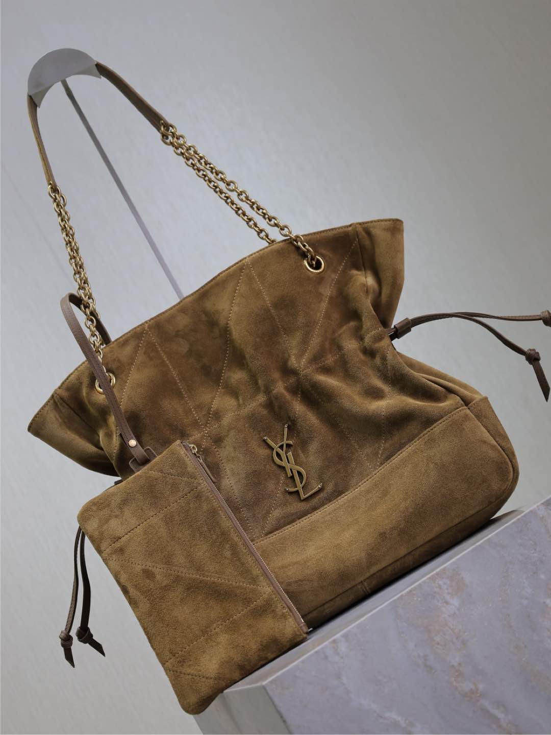 SAINT LAURENT YSL NIKI TOTE BAG 34 IN CAMEL BROWN SUEDE GOLD HARDWARE