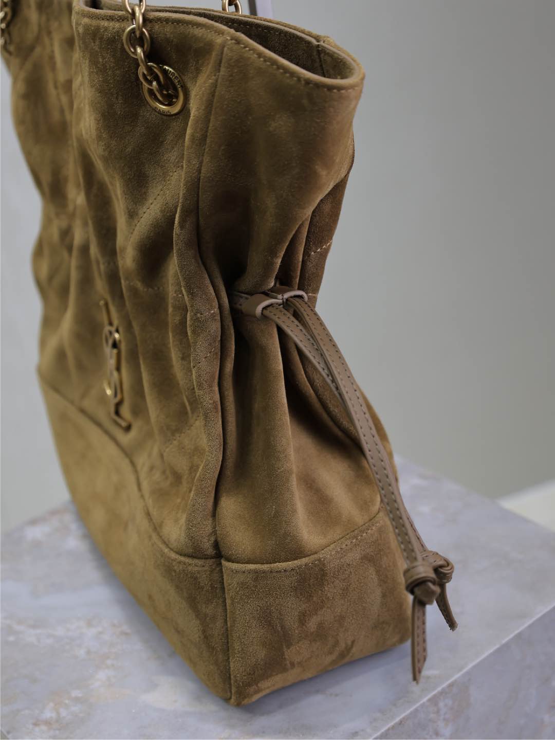 SAINT LAURENT YSL NIKI TOTE BAG 34 IN CAMEL BROWN SUEDE GOLD HARDWARE