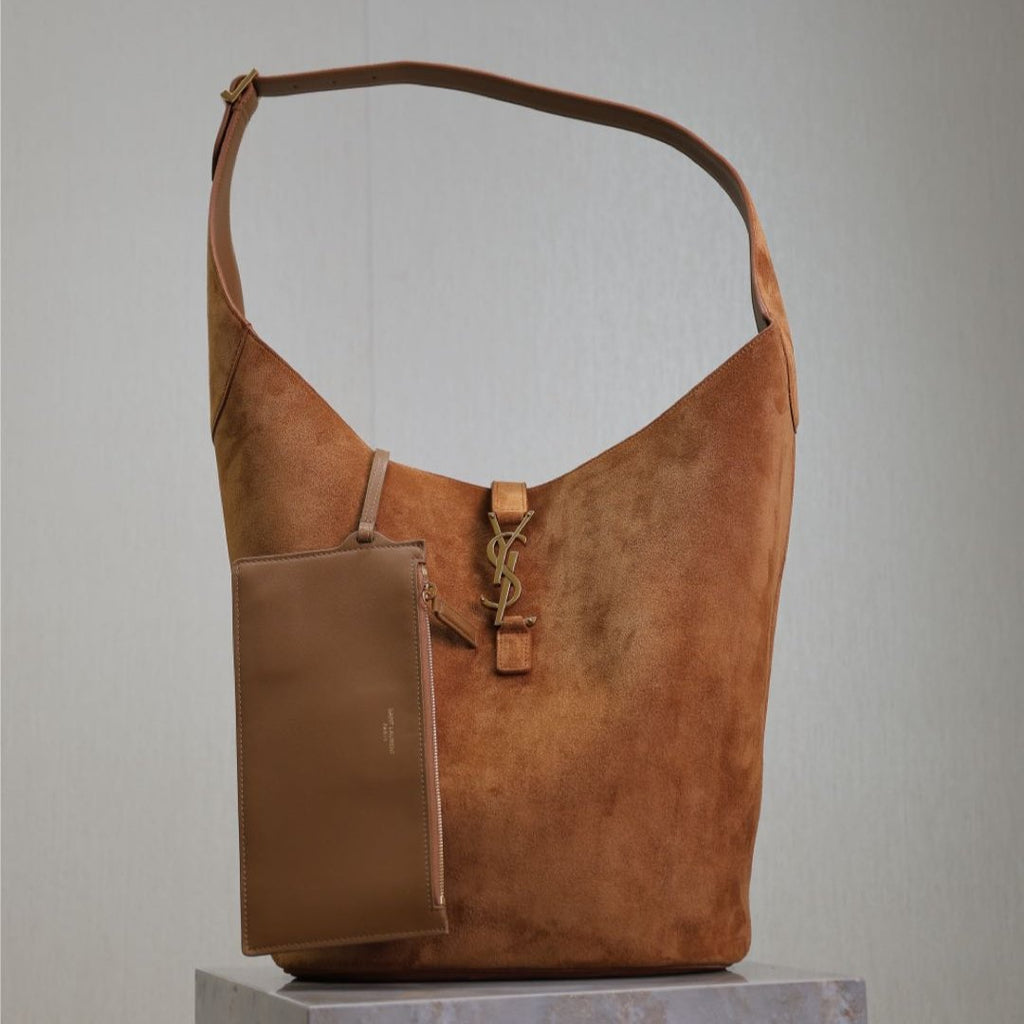 SAINT LAURENT LE 5 À 7 LARGE SUPPLE HOBO BAG 31 IN BRONZE BROWN SUEDE