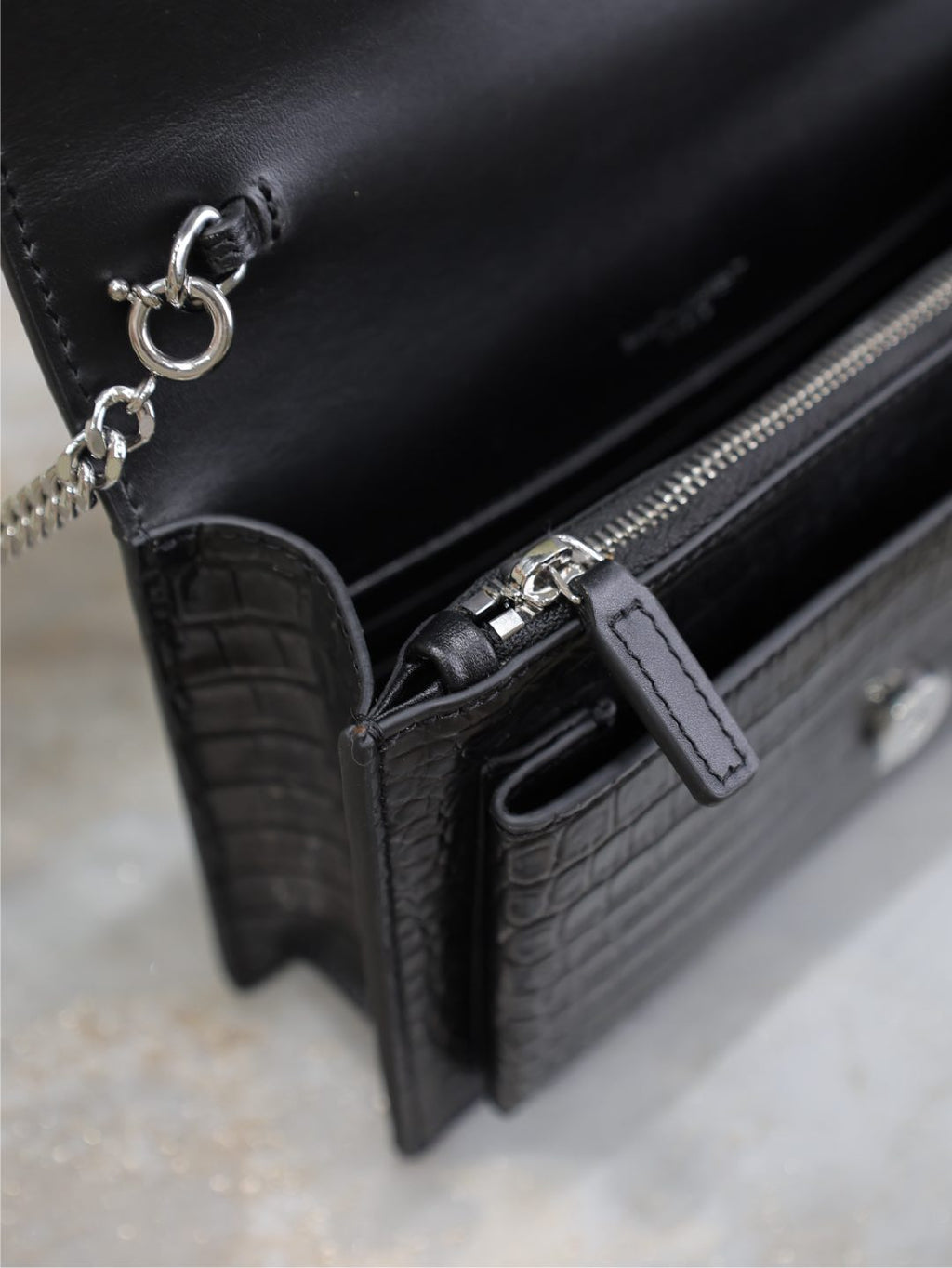 SAINT LAURENT SUNSET SMALL BAG 19 IN BLACK CROCODILE-EMBOSSED CALFSKIN SILVER HARDWARE