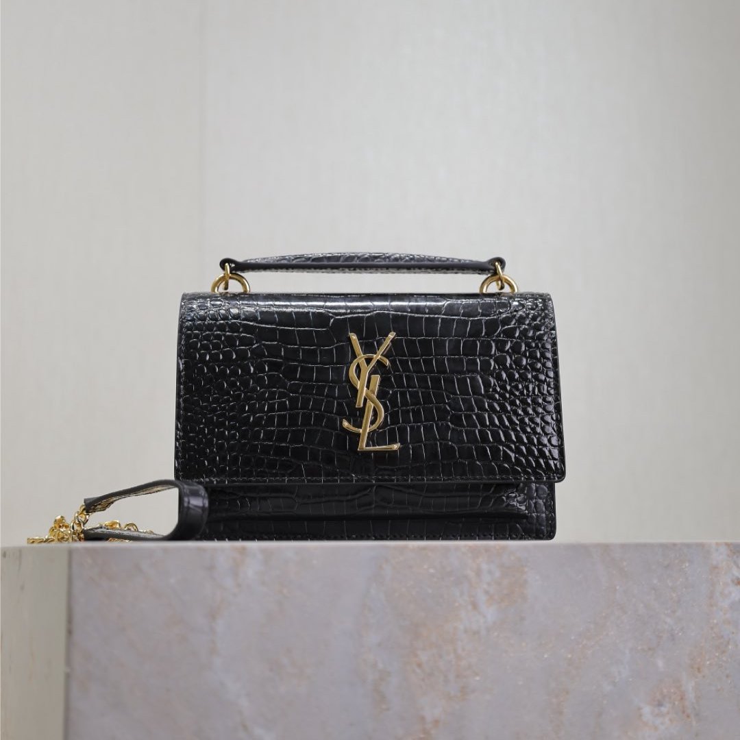 SAINT LAURENT SUNSET SMALL BAG 19 IN BLACK CROCODILE-EMBOSSED CALFSKIN COPPER HARDWARE