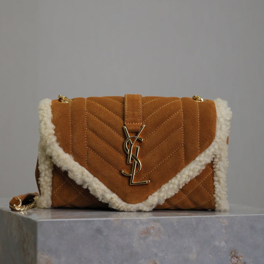 SAINT LAURENT ENVELOPE CHAIN BAG 21 IN BRONZE BROWN SUEDE AND WHITE SHEARLING TRIM GOLD HARDWARE