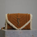 SAINT LAURENT ENVELOPE CHAIN BAG 21 IN BRONZE BROWN SUEDE AND WHITE SHEARLING TRIM GOLD HARDWARE