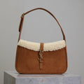 SAINT LAURENT LE 5 À 7 SHOULDER BAG 25 IN BROWNIE SUEDE AND WHITE SHEARLING TRIM