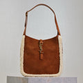 SAINT LAURENT LE 5 À 7 SMALL SUPPLE 23 IN AMBER ORANGE SUEDE AND WHITE LAMB FUR TRIM