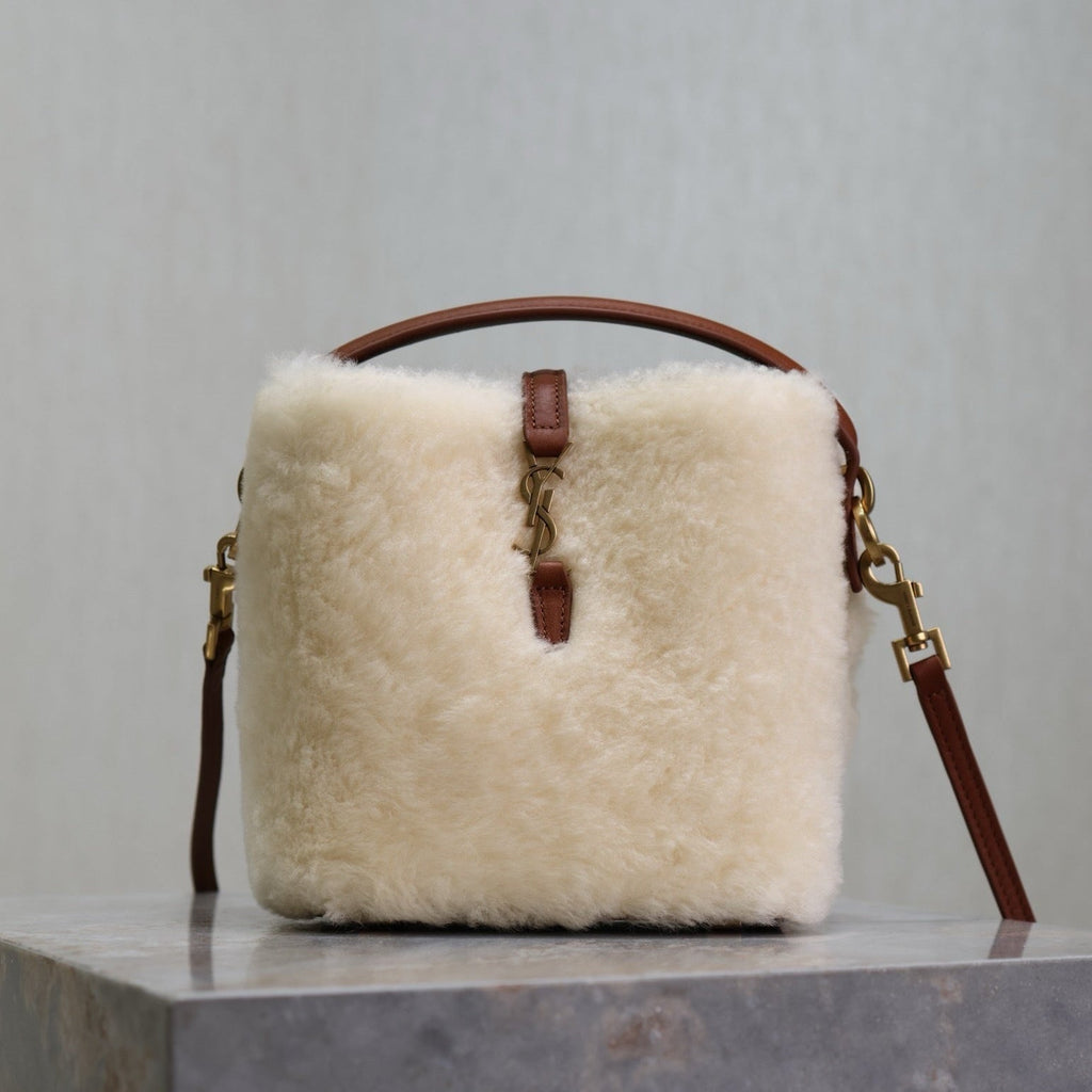 SAINT LAURENT LE 37 MINI BUCKET BAG 15 IN CREAM SHEARLING AND BROWN LEATHER TRIM