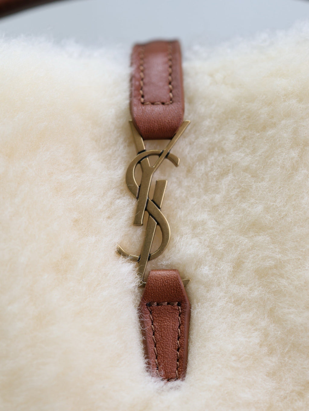 SAINT LAURENT LE 37 MINI BUCKET BAG 15 IN CREAM SHEARLING AND BROWN LEATHER TRIM