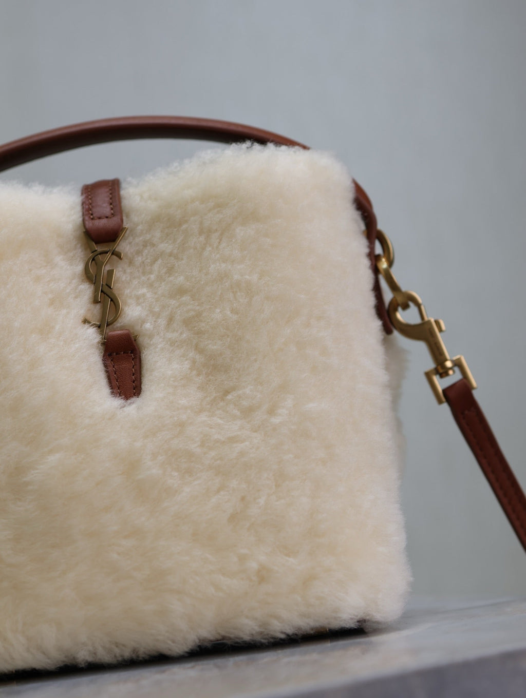 SAINT LAURENT LE 37 MINI BUCKET BAG 15 IN CREAM SHEARLING AND BROWN LEATHER TRIM