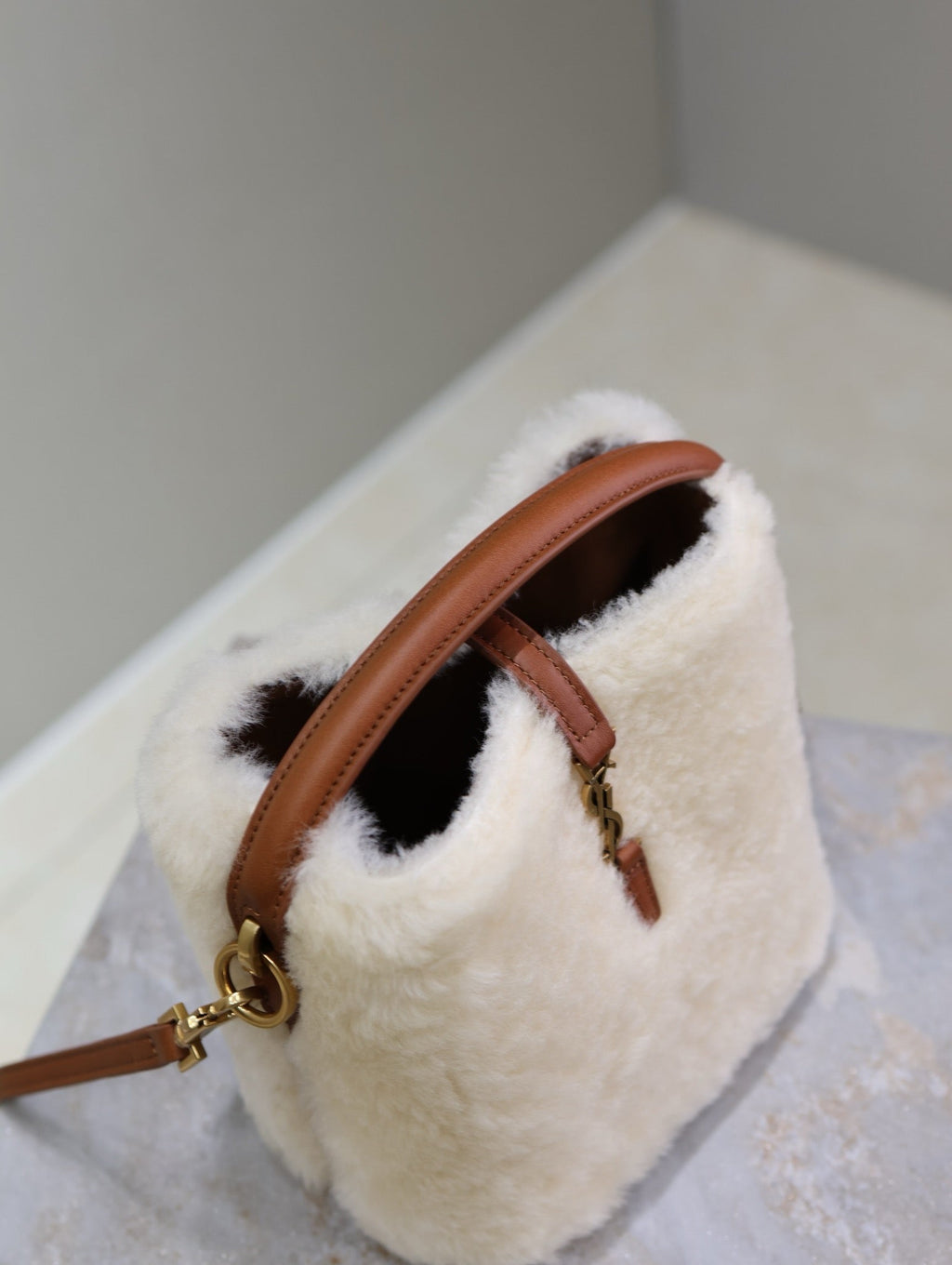 SAINT LAURENT LE 37 MINI BUCKET BAG 15 IN CREAM SHEARLING AND BROWN LEATHER TRIM