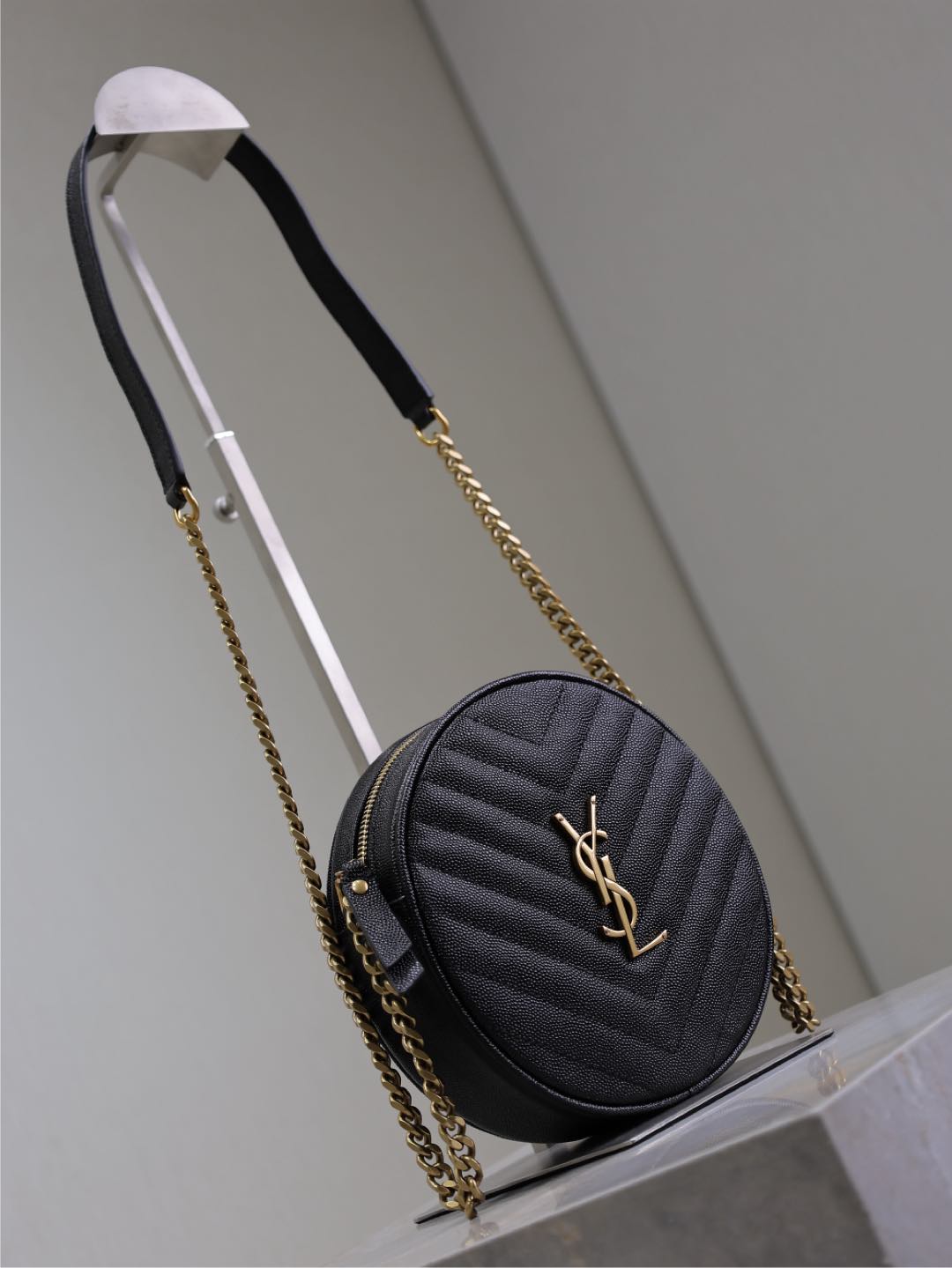 SAINT LAURENT VINYLE SMALL ROUND BAG 17 IN BLACK CAVIAR LEATHER GOLD HARDWARE