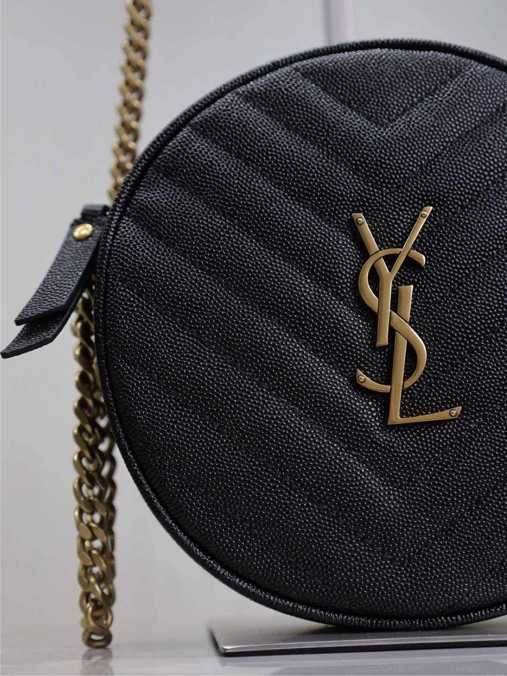 SAINT LAURENT VINYLE SMALL ROUND BAG 17 IN BLACK CAVIAR LEATHER GOLD HARDWARE