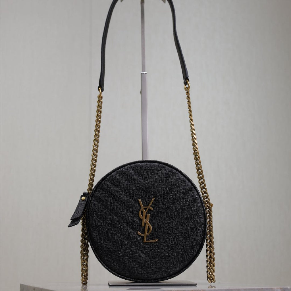 SAINT LAURENT VINYLE SMALL ROUND BAG 17 IN BLACK CAVIAR LEATHER GOLD HARDWARE