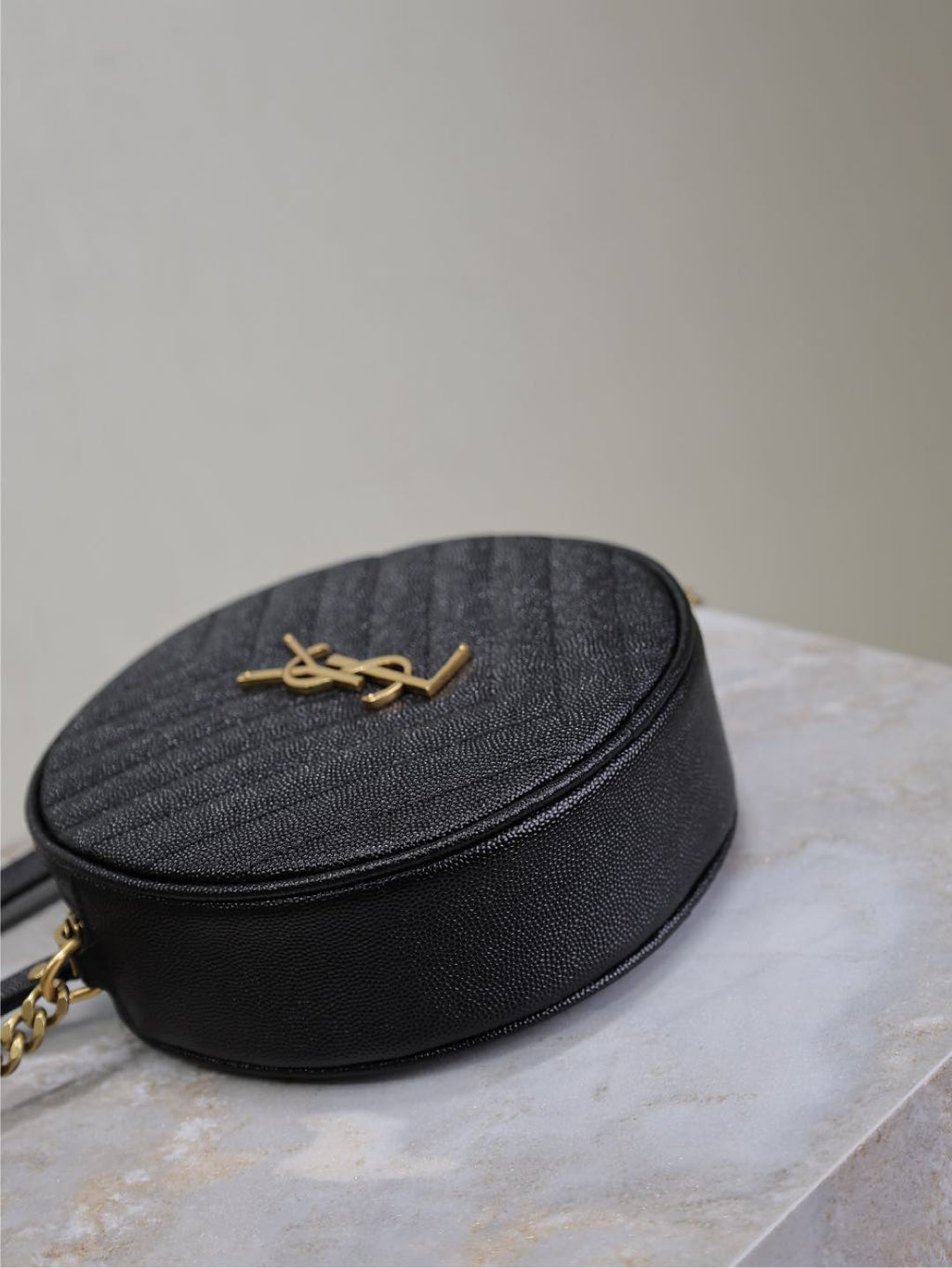 SAINT LAURENT VINYLE SMALL ROUND BAG 17 IN BLACK CAVIAR LEATHER GOLD HARDWARE