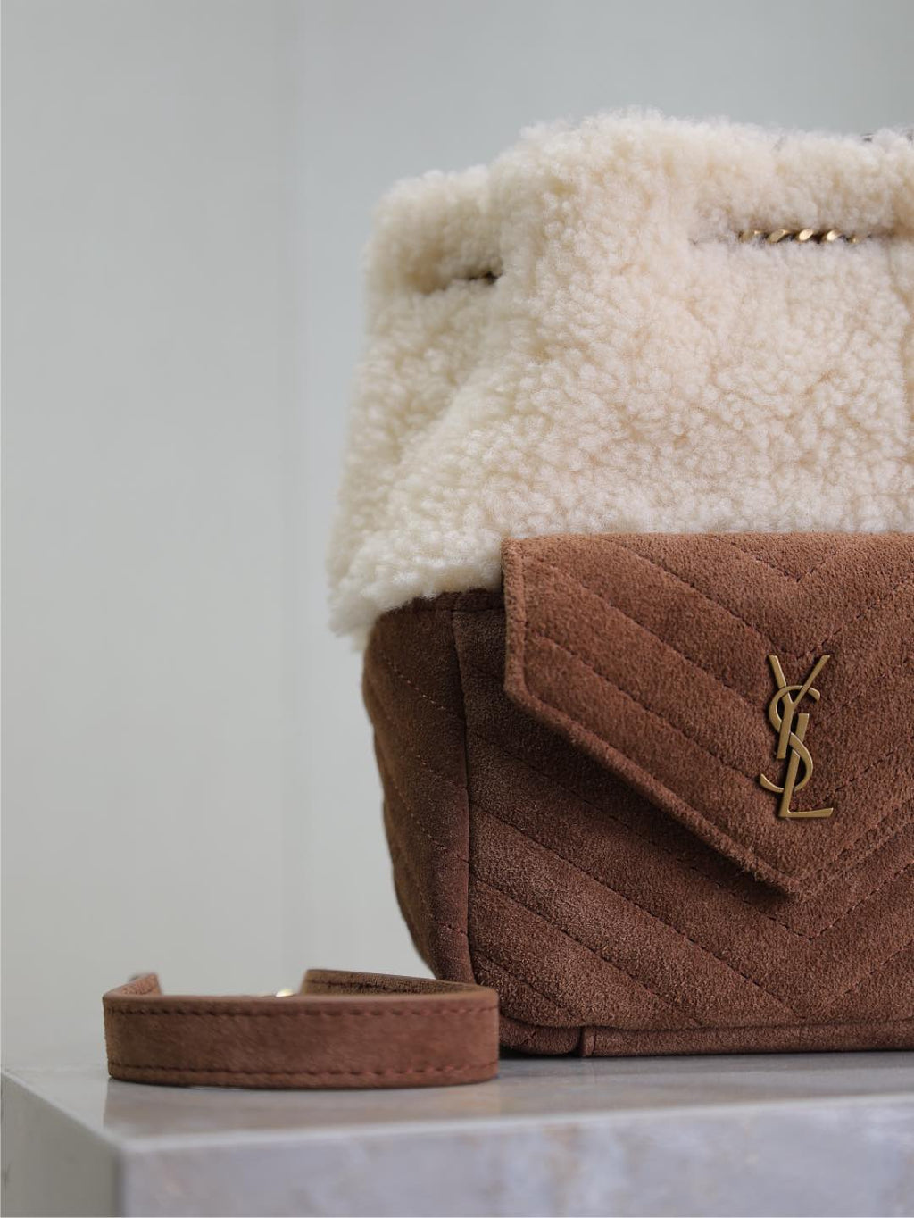 SAINT LAURENT JOE MINI BUCKET BAG 19 IN WHITE SHEARLING AND BROWN SUEDE