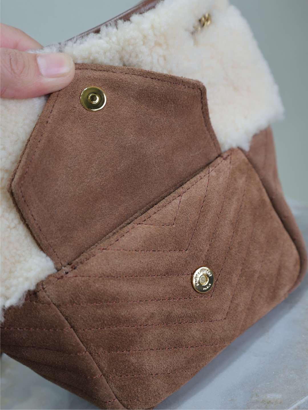 SAINT LAURENT JOE MINI BUCKET BAG 19 IN WHITE SHEARLING AND BROWN SUEDE