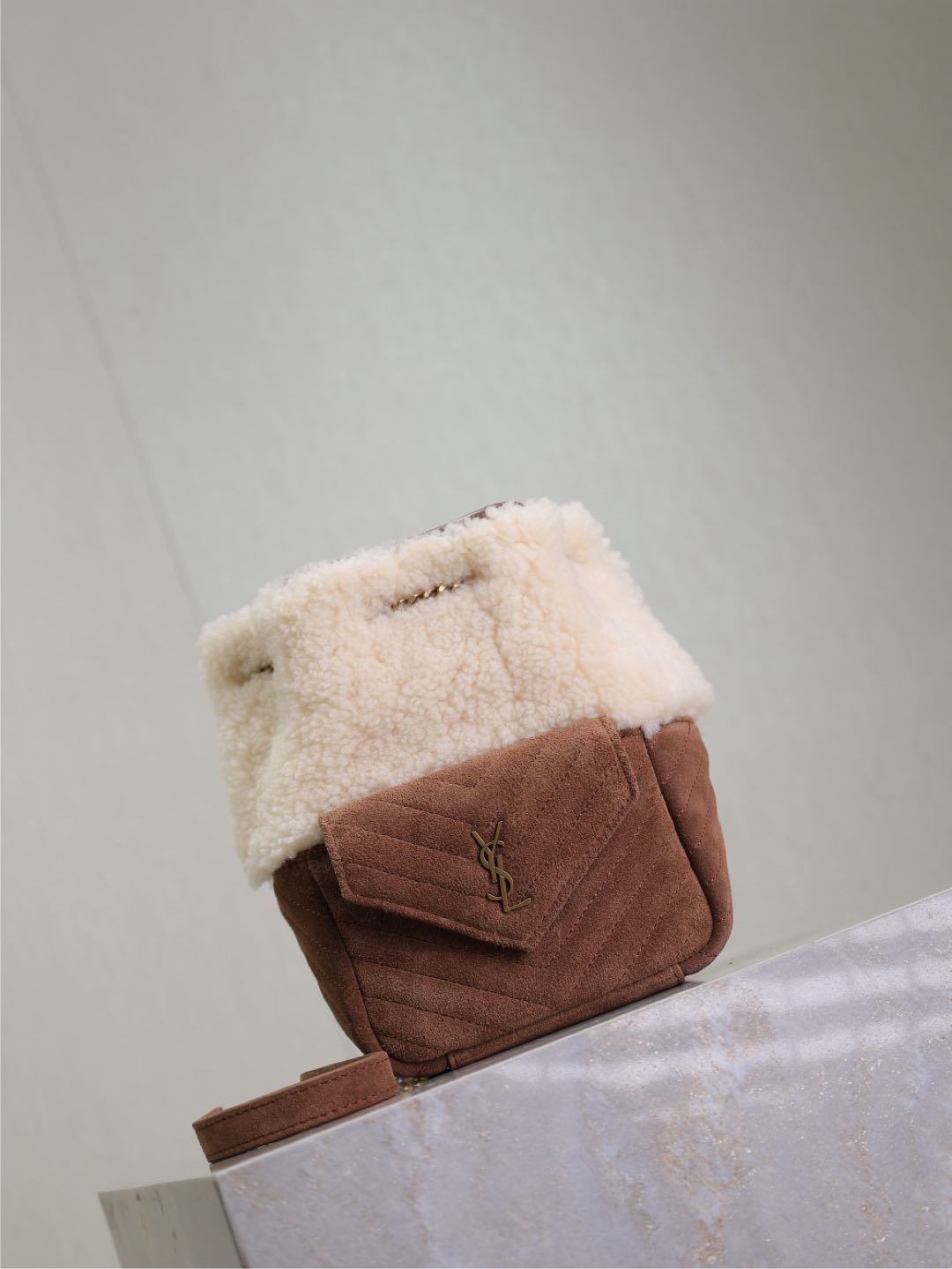 SAINT LAURENT JOE MINI BUCKET BAG 19 IN WHITE SHEARLING AND BROWN SUEDE