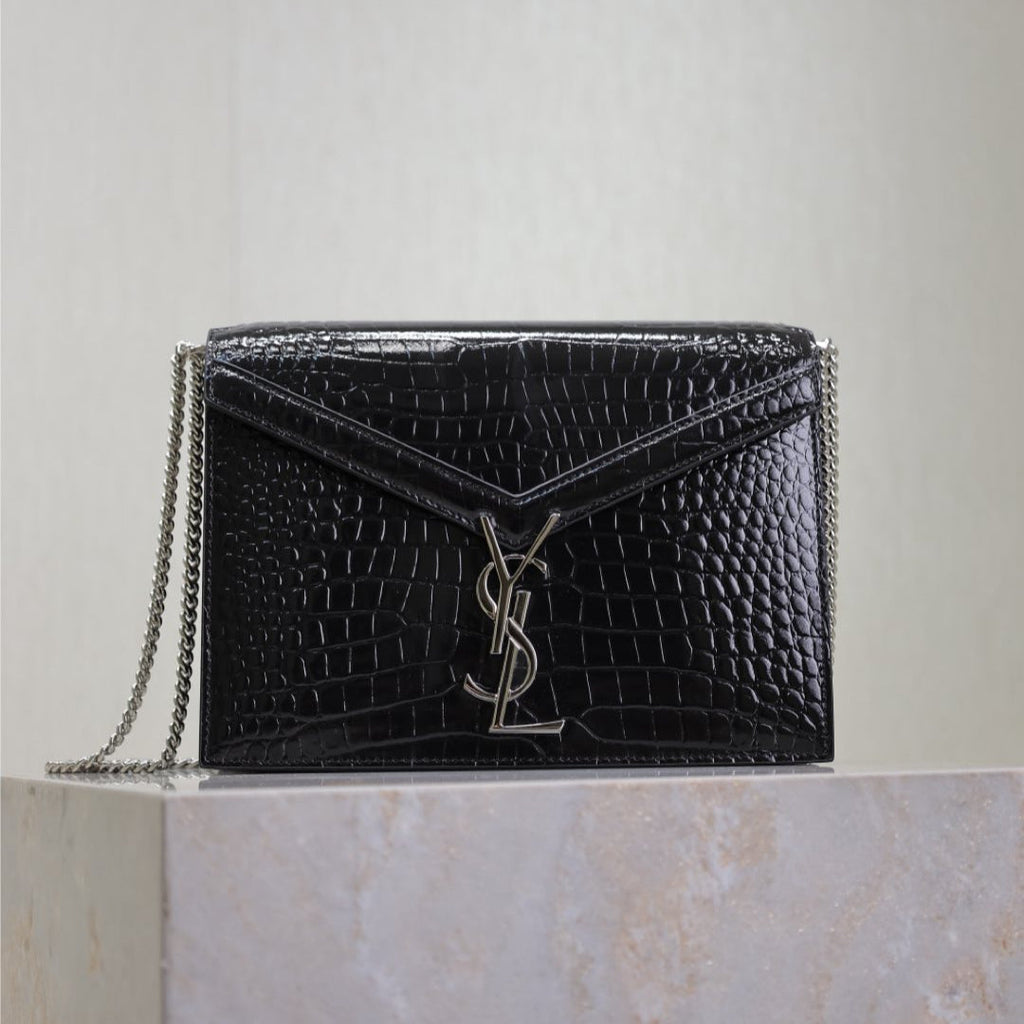 SAINT LAURENT CASSANDRA CHAIN BAG 22 IN BLACK CROCODILE PATTERN CALFSKIN SILVER HARDWARE