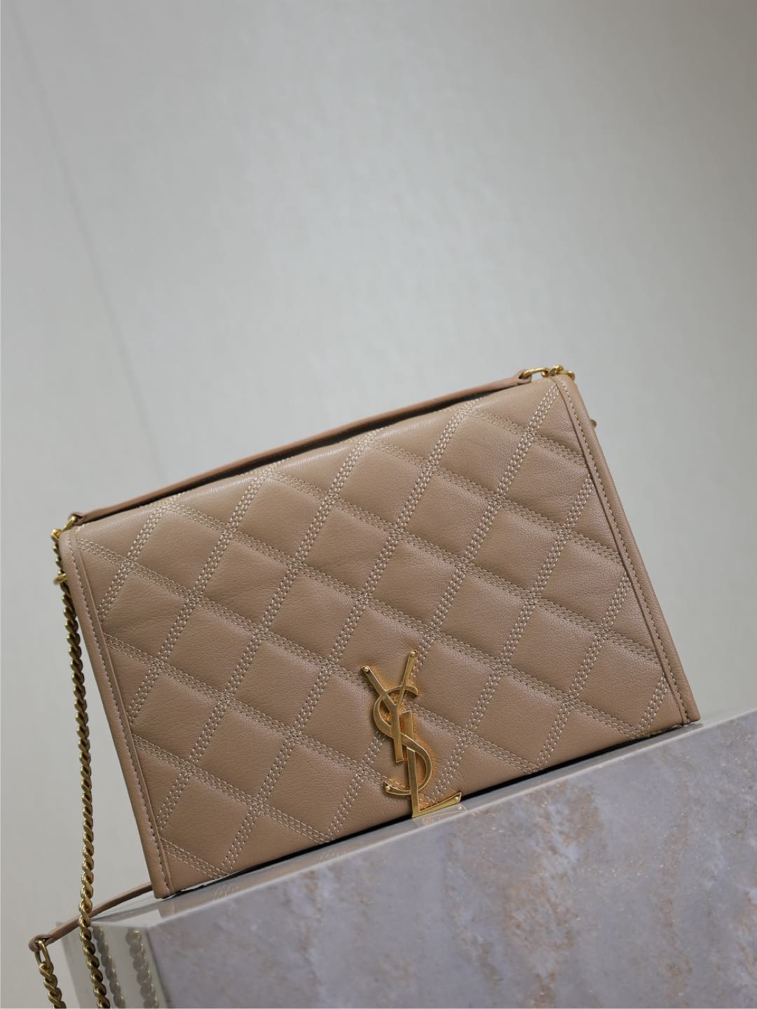 SAINT LAURENT BECKY 25 IN MEDIUM BROWN QUILTED LAMBSKIN GOLD HARDWARE