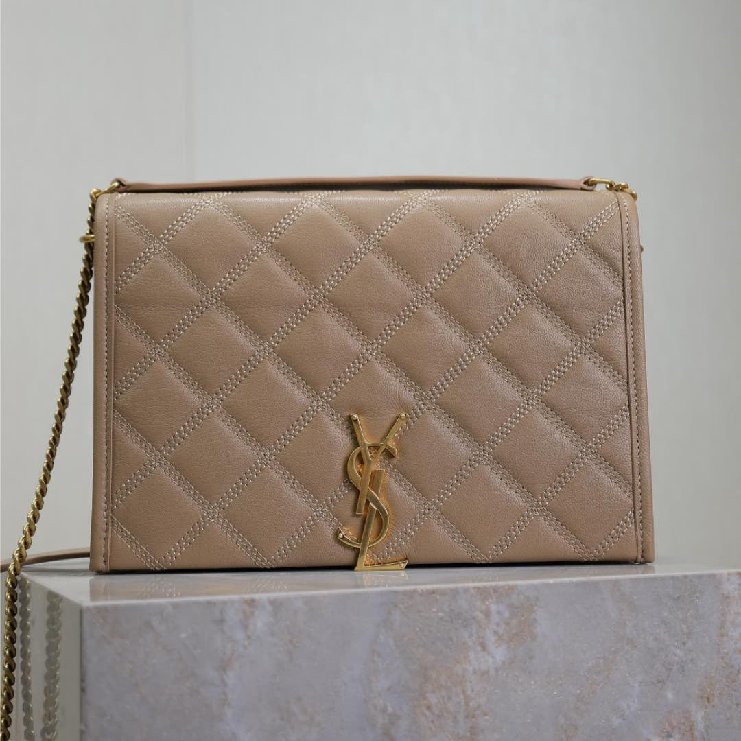 SAINT LAURENT BECKY 25 IN MEDIUM BROWN QUILTED LAMBSKIN GOLD HARDWARE