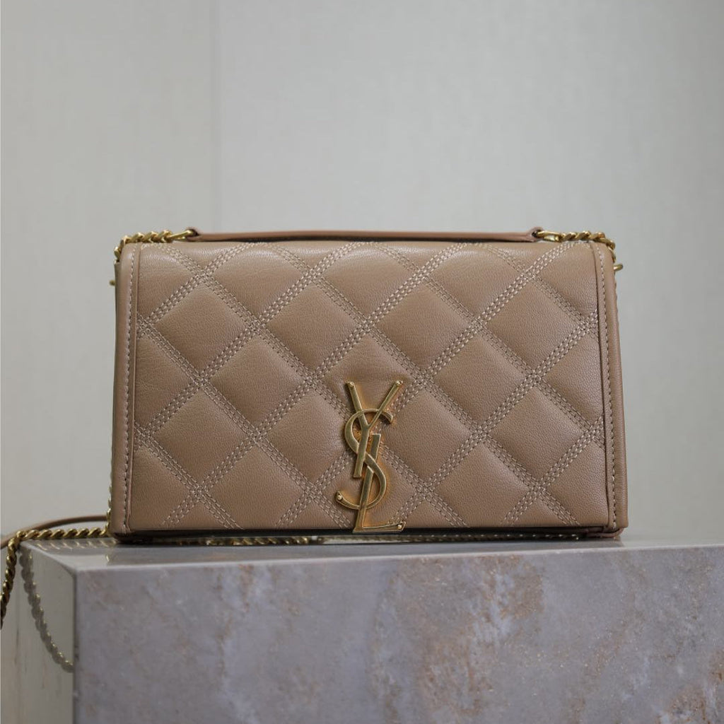 SAINT LAURENT BECKY 22 IN MEDIUM BROWN QUILTED LAMBSKIN GOLD HARDWARE