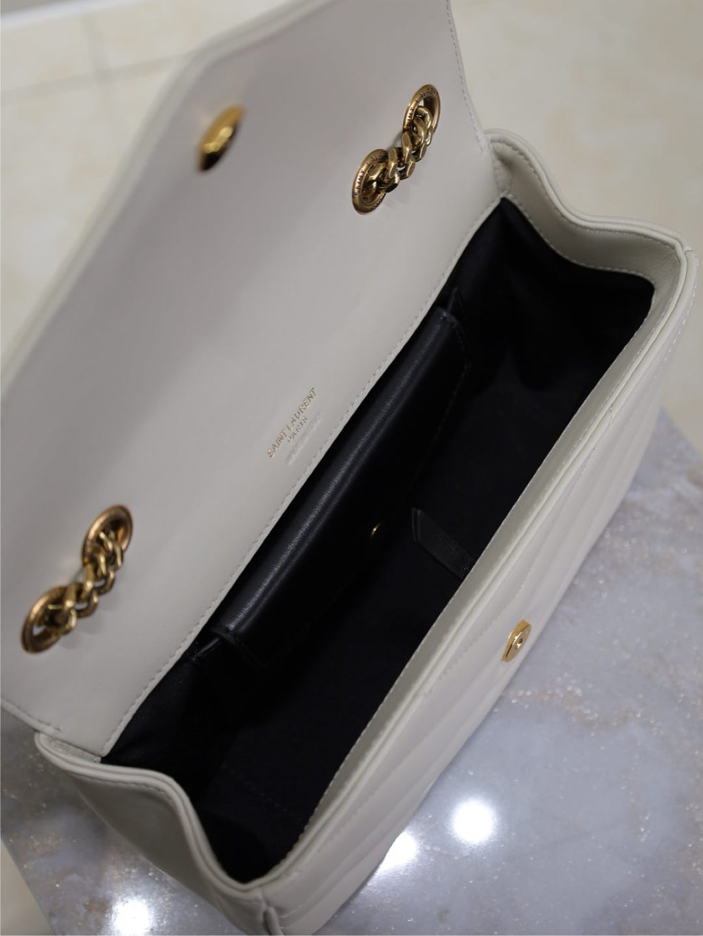 SAINT LAURENT LOULOU SMALL 24 IN WHITE SHEEPSKIN GOLD HARDWARE