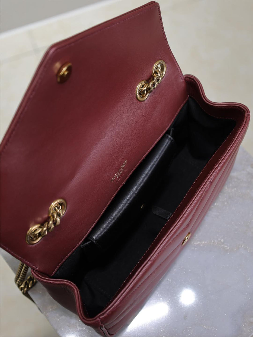 SAINT LAURENT LOULOU SMALL 24 IN BURGUNDY RED SHEEPSKIN GOLD HARDWARE