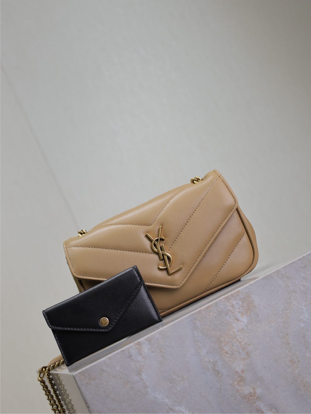 SAINT LAURENT LOULOU MINI 20 IN MILK TEA SHEEPSKIN GOLD HARDWARE