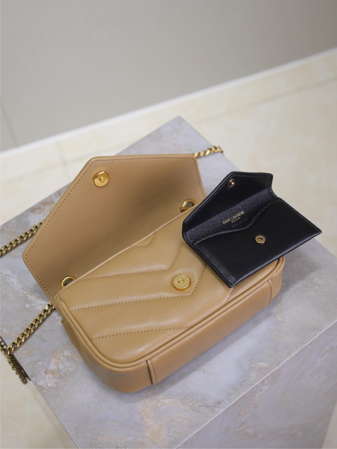 SAINT LAURENT LOULOU MINI 20 IN MILK TEA SHEEPSKIN GOLD HARDWARE