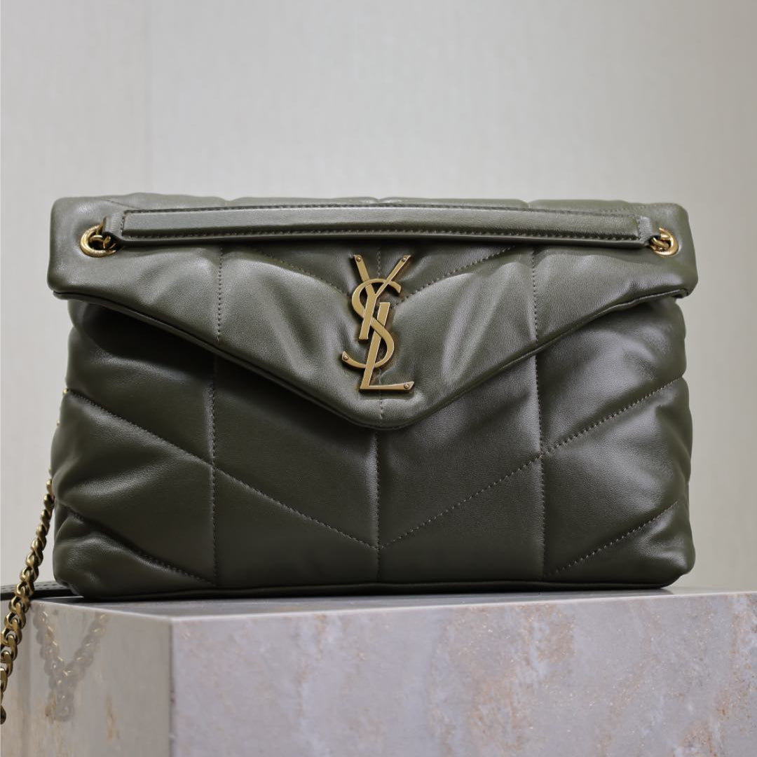 SAINT LAURENT YSL 25S LOULOU PUFFER GM 35 IN DARK OLIVE CALFSKIN GOLD HARDWRE