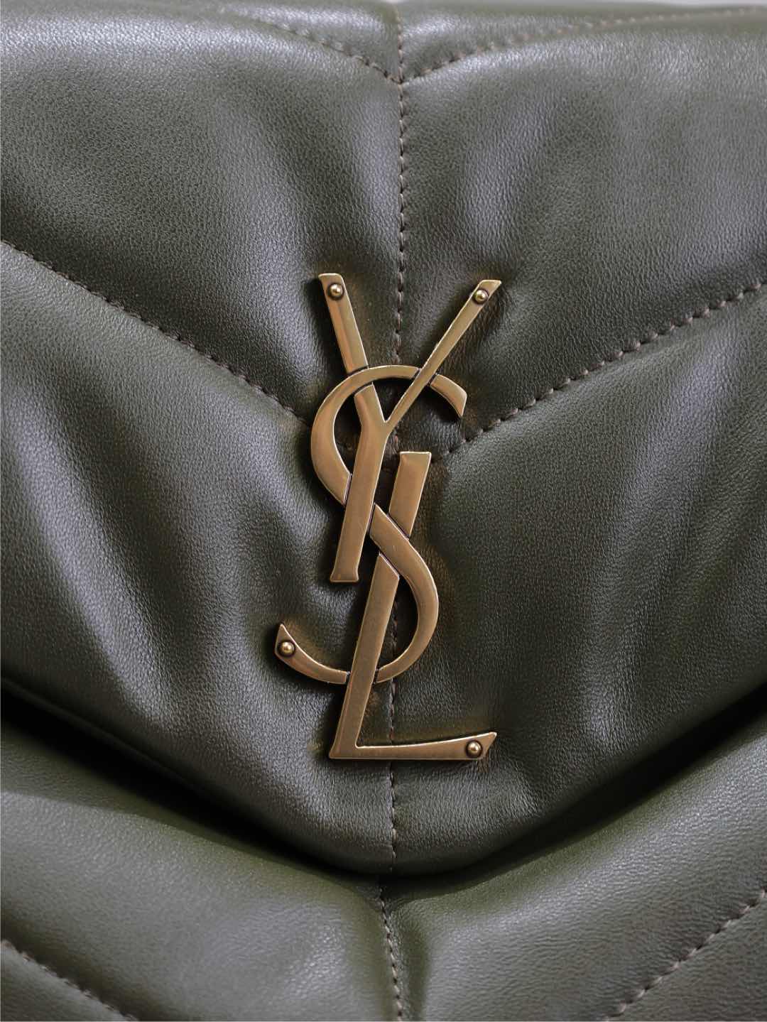 SAINT LAURENT YSL 25S LOULOU PUFFER GM 35 IN DARK OLIVE CALFSKIN GOLD HARDWRE