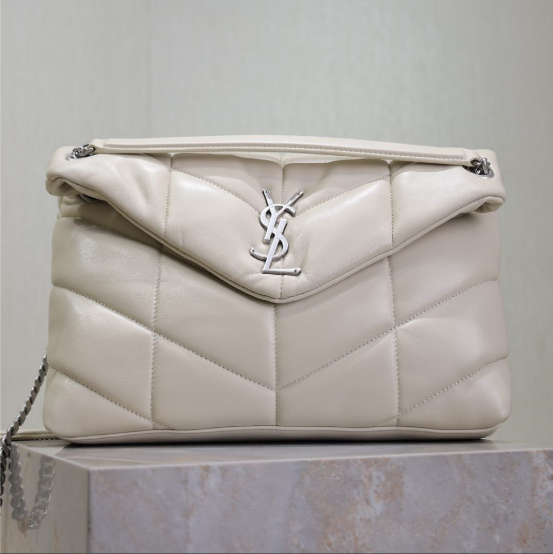 SAINT LAURENT YSL 25S LOULOU PUFFER GM 35 IN SMOKEY TAUPE CALFSKIN SILVER HARDWARE
