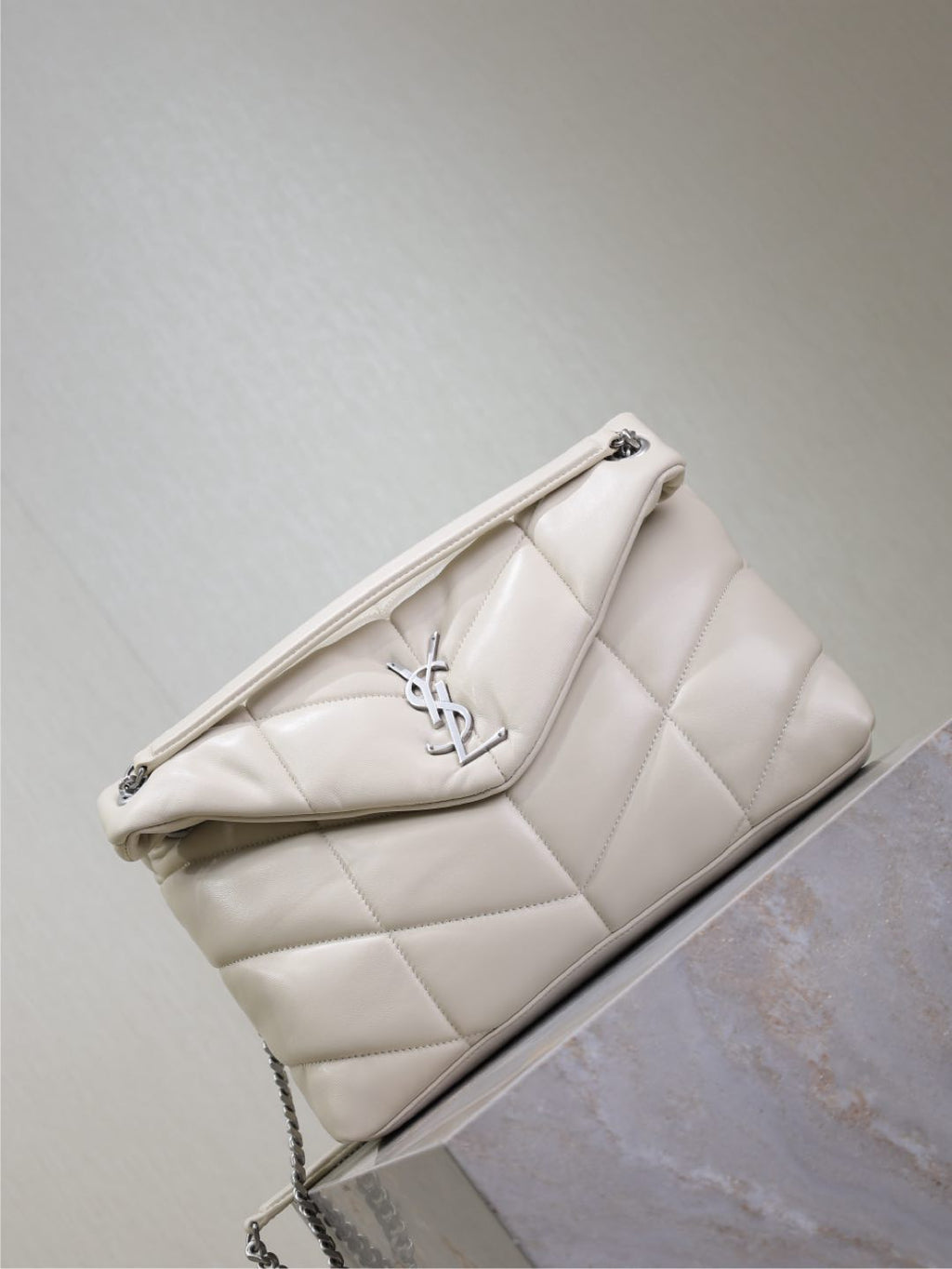SAINT LAURENT YSL 25S LOULOU PUFFER GM 35 IN SMOKEY TAUPE CALFSKIN SILVER HARDWRE