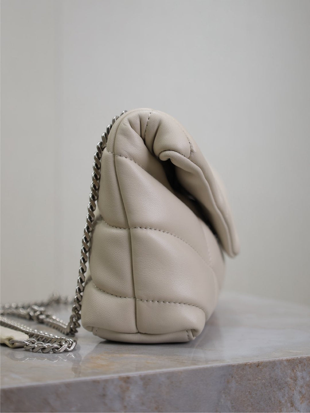 SAINT LAURENT YSL 25S LOULOU PUFFER MINI 23 IN SMOKEY TAUPE CALFSKIN SILVER HARDWARE