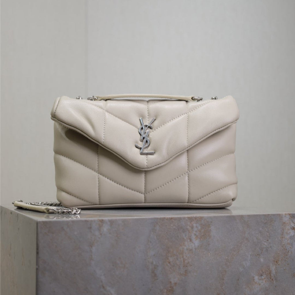 SAINT LAURENT YSL 25S LOULOU PUFFER MINI 23 IN SMOKEY TAUPE CALFSKIN SILVER HARDWARE