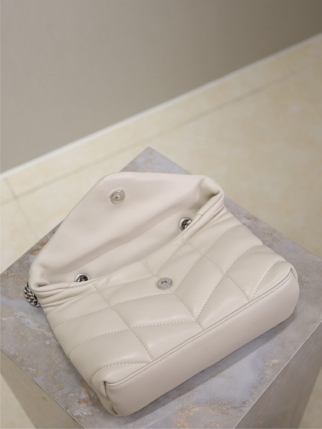 SAINT LAURENT YSL 25S LOULOU PUFFER MINI 23 IN SMOKEY TAUPE CALFSKIN SILVER HARDWARE